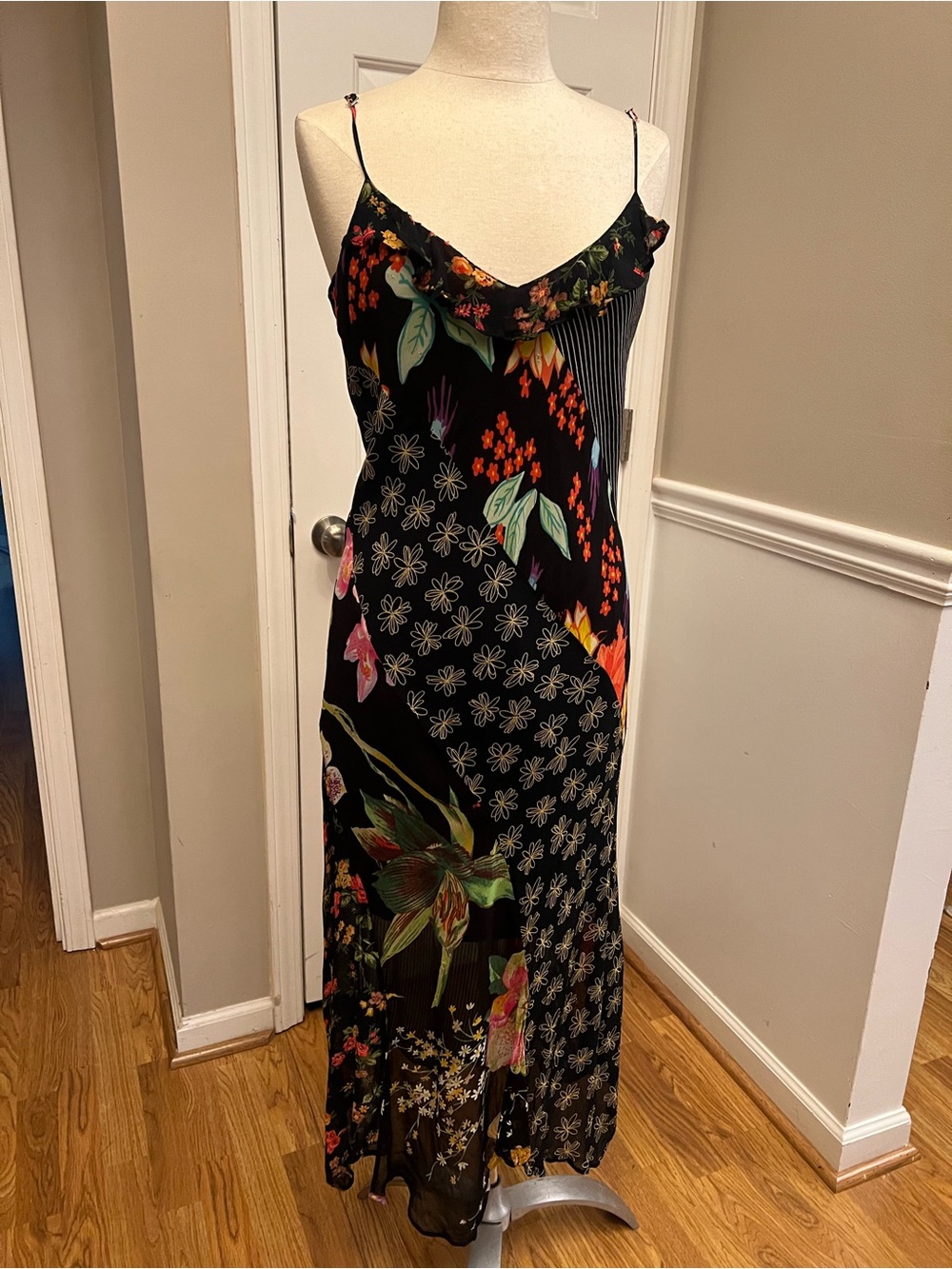 René Derhy Black Floral Maxi Slip Dress with Spaghetti Straps